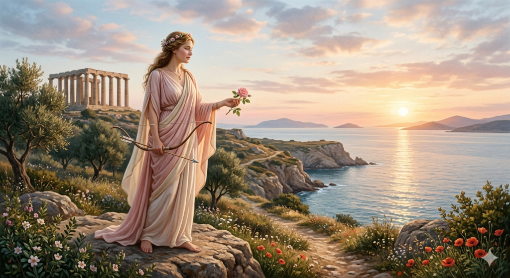 A gentle Greek goddess standing on a cliffside overlooking the Aegean Sea at sunrise, holding a single rose and a bow, representing the pure and graceful nature of love.