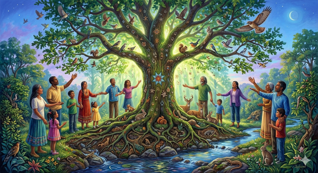 A diverse group of people of all ages stand in a circle around a massive, ancient, glowing tree in a lush forest, with various animals and birds resting in the branches and at the base, symbolizing the interconnectedness of all life on Earth.