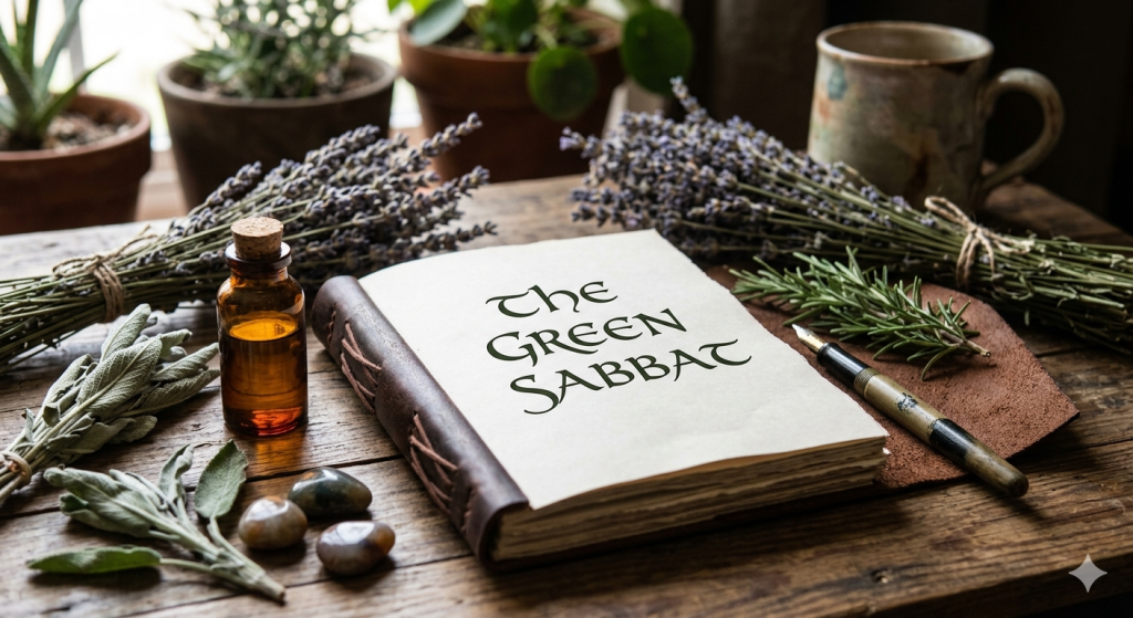 An open, aged leather grimoire titled 'THE GREEN SABBAT' sits surrounded by witchcraft and herbalist tools on a wooden surface, including dried lavender, sage, crystals, an amber potion bottle, and a quill.