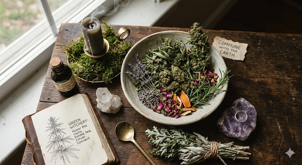 A wooden table setting featuring a ceramic bowl filled with dried cannabis buds, lavender, dried rose petals, and rosemary, alongside a burning candle on a moss-covered base, an amethyst crystal, and an open journal with botanical sketches.