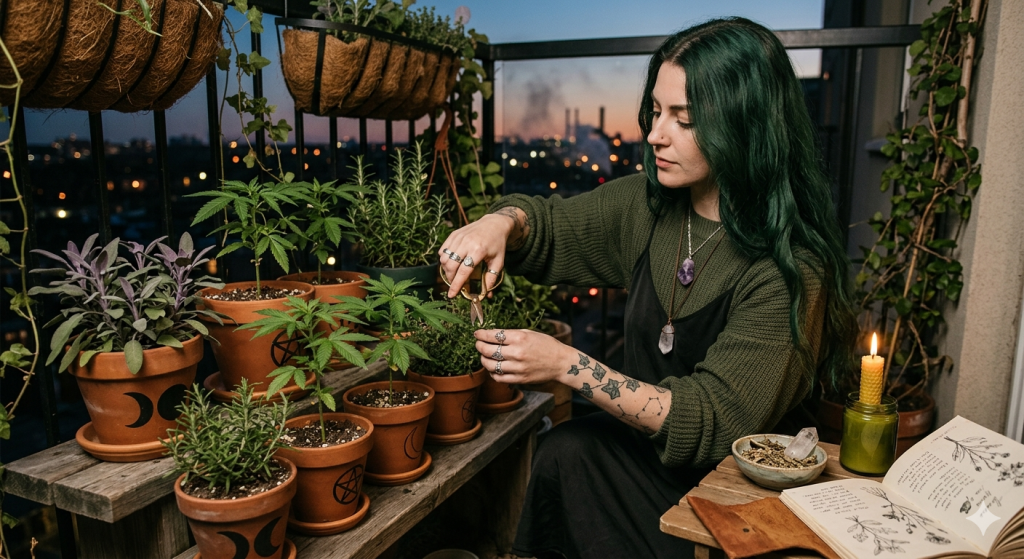 A woman with green hair and botanical tattoos sits on a balcony at twilight, pruning potted herbs and plants arranged on wooden shelves. Beside her, a lit beeswax candle and an open journal rest on a small table.