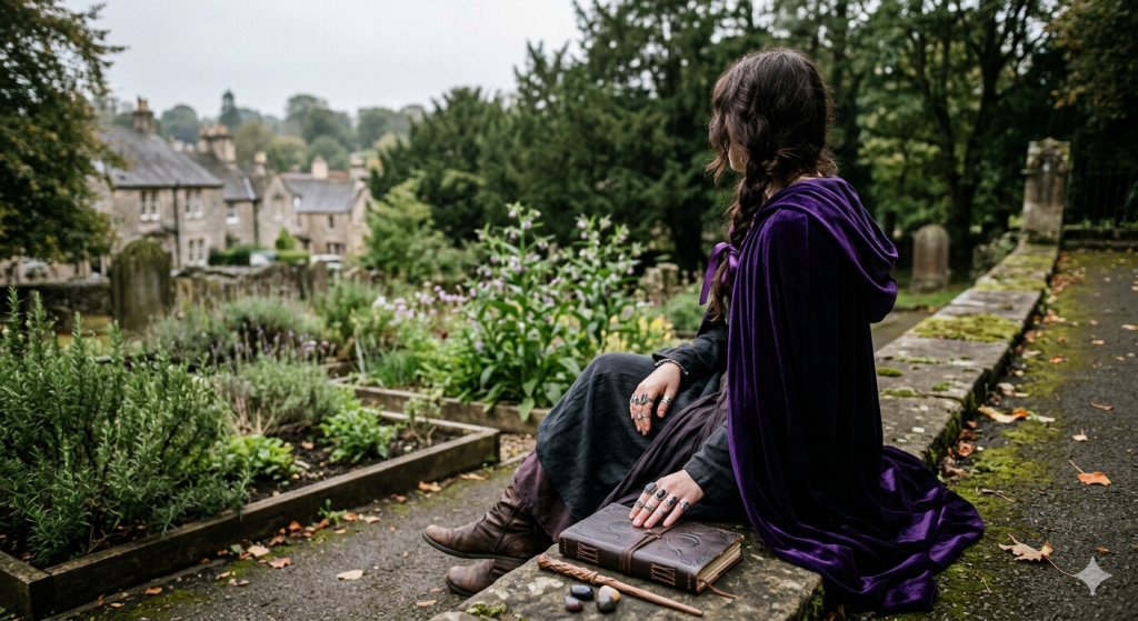 A person wearing a deep purple velvet cloak sitting on a stone wall in an herb garden, looking toward a village, with a leather-bound book and a wooden wand resting beside them. Caption: True power is often found in the quietest moments—the everyday guardians of the veil walking among us.