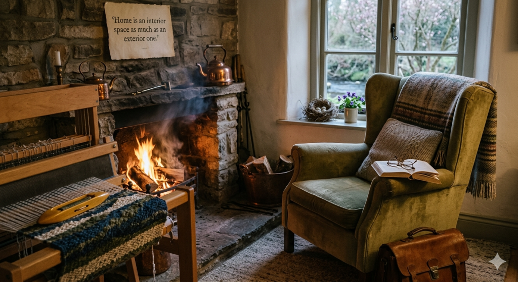 A cozy, sunlit room featuring a stone fireplace with a crackling fire, a traditional weaving loom with a golden shuttle, a plush green armchair, and a bird's nest on a windowsill overlooking a spring garden.