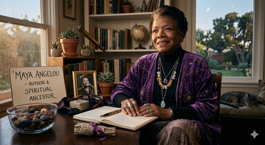 A regal portrait of an older woman resembling Maya Angelou sitting at a desk in a sunlit study, wearing a purple velvet wrap and crystal jewelry, surrounded by mystical items like tarot cards, sage, and antique books.