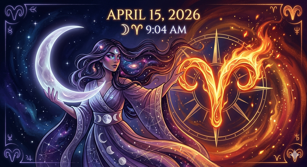 A mystical illustration of a celestial woman with flowing cosmic hair, holding a glowing crescent moon in one hand and a flaming Aries zodiac symbol in the other, set against a backdrop of stars and orange energy with the date April 15, 2026.