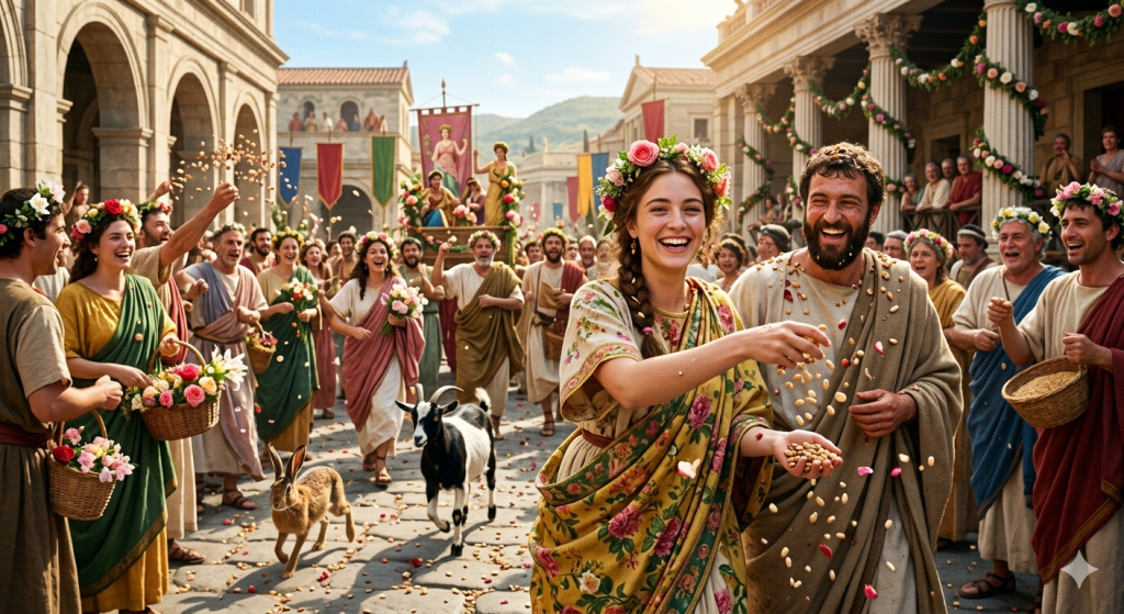 A vibrant scene of the ancient Roman festival of Floralia. People in traditional Roman tunics and floral wreaths laugh and celebrate in a sunlit stone street, throwing beans into the air. A goat and a hare run through the crowd, and in the background, others carry a ceremonial float under flower-garlanded columns.