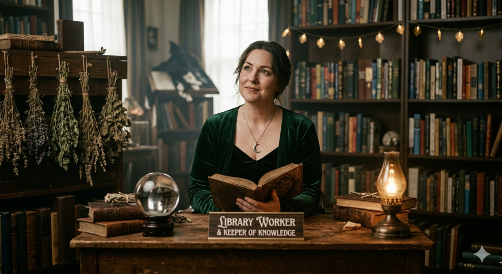 A woman dressed in a dark green velvet cardigan sitting at a wooden library desk, reading an old, leather-bound book. The desk has a sign that reads "Library Worker & Keeper of Knowledge," a crystal ball, and a small oil lamp. Behind her are bookshelves filled with books, and bundles of dried herbs hang on the left.