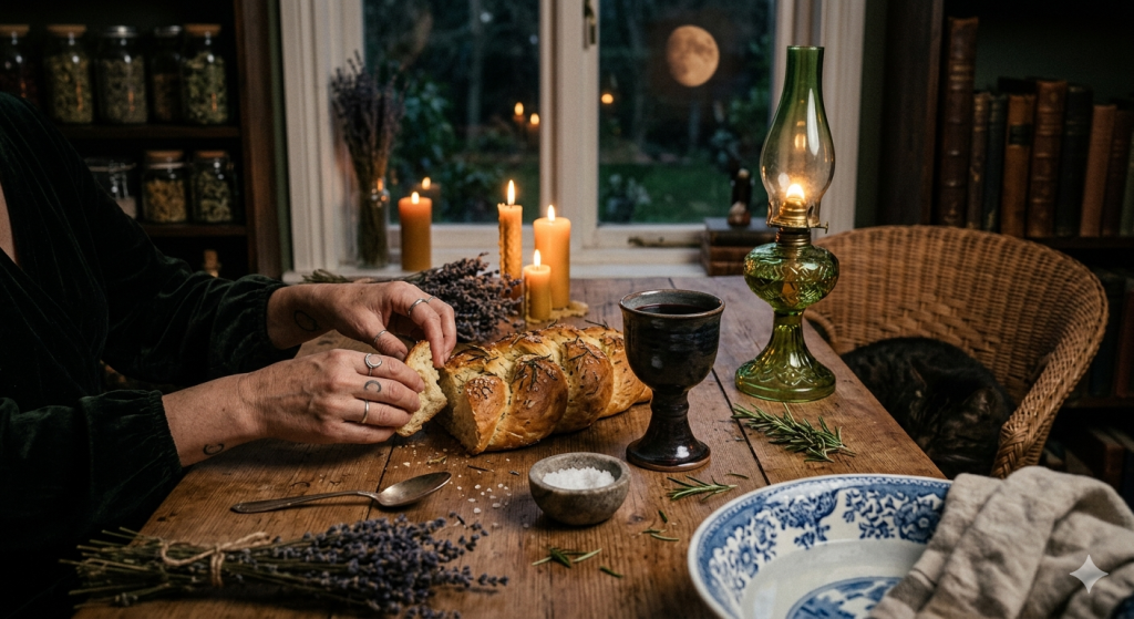 A top-down, atmospheric view of a wooden table featuring a braided rosemary loaf being broken by hands with moon tattoos, a ceramic chalice of wine, a bowl of sea salt, and bundles of lavender under warm candlelight.