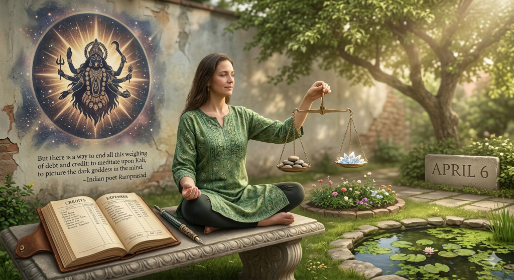 A woman meditates in a lush garden next to an open ledger titled 'Credits' and 'Expenses.' She holds a golden scale in perfect balance while an ethereal mural of the Goddess Kali glows on a stone wall behind her. A stone marker in the garden reads 'April 6.'