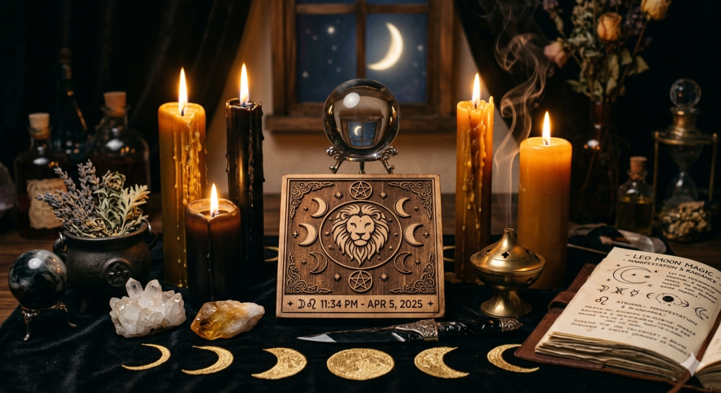 A mystical witchy altar featuring a central carved wooden plaque with a lion’s head and moon phases, surrounded by flickering amber candles, crystals, a crystal ball, and an open grimoire, with a crescent moon visible through a window in the background.