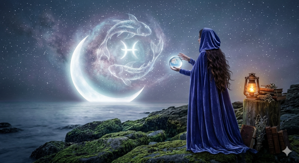A mystical woman in a flowing velvet violet cloak stands on a rocky shore at night, holding a glowing crystal ball toward a large crescent moon and a shimmering celestial Pisces constellation in the starry sky.