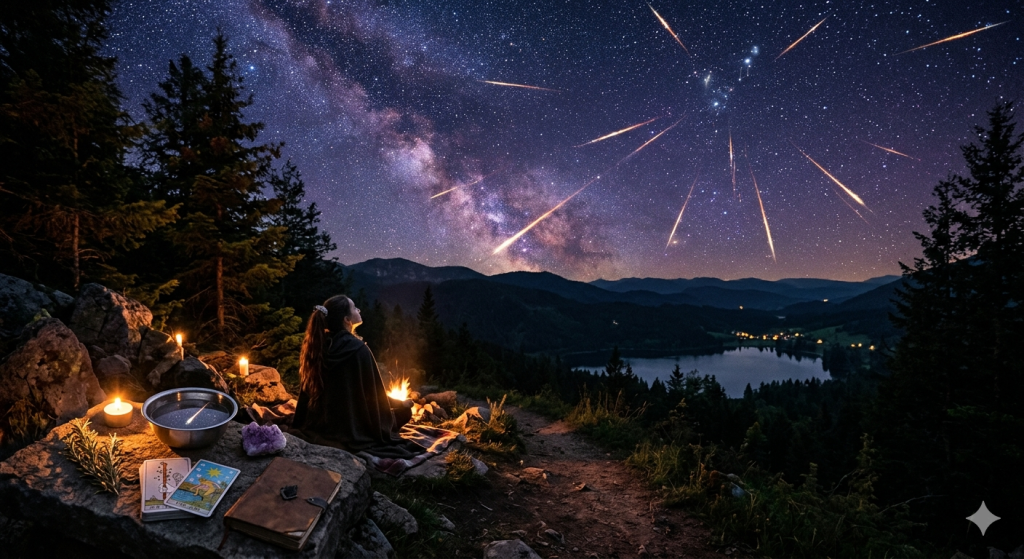 A practitioner sits on a hillside at night, watching the Lyrids meteor shower, with a ritual altar featuring tarot cards, a silver bowl, and rosemary in the foreground.