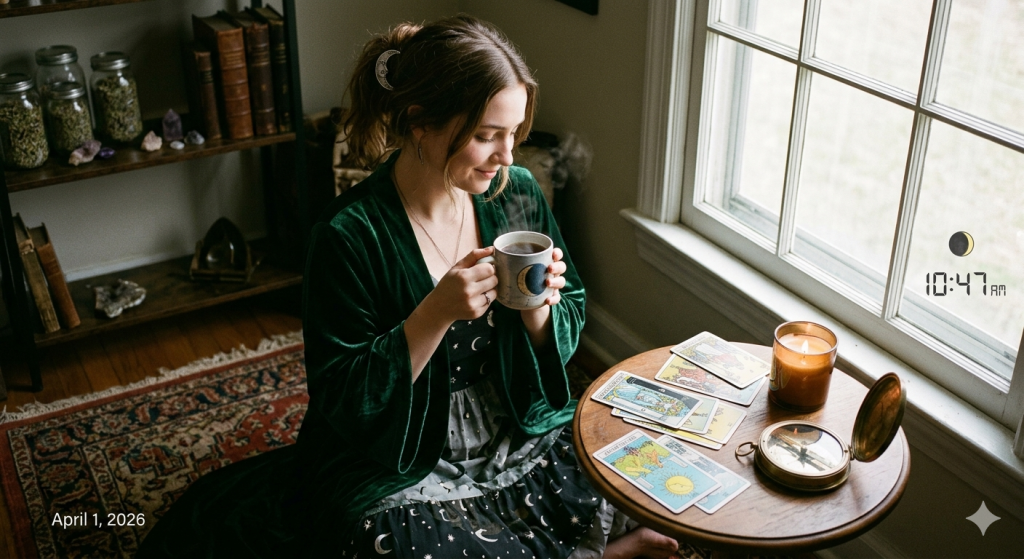 A photograph shows a person in a green velvet cloak sitting on a rug and looking into a steaming mug. Next to them on a table is a lit candle and a tarot card spread including the card, ‘The Lovers’. The bottom left corner shows the text, ‘April 1, 2026’ and the bottom right corner shows, ‘10:47 AM’.