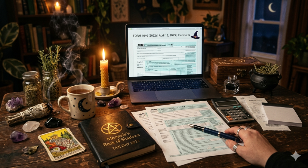 A desk scene during U.S. Tax Day featuring a laptop showing tax forms, a burning candle, crystals, tarot cards, and an open notebook labeled "Moonzie’s Book of Shadows."