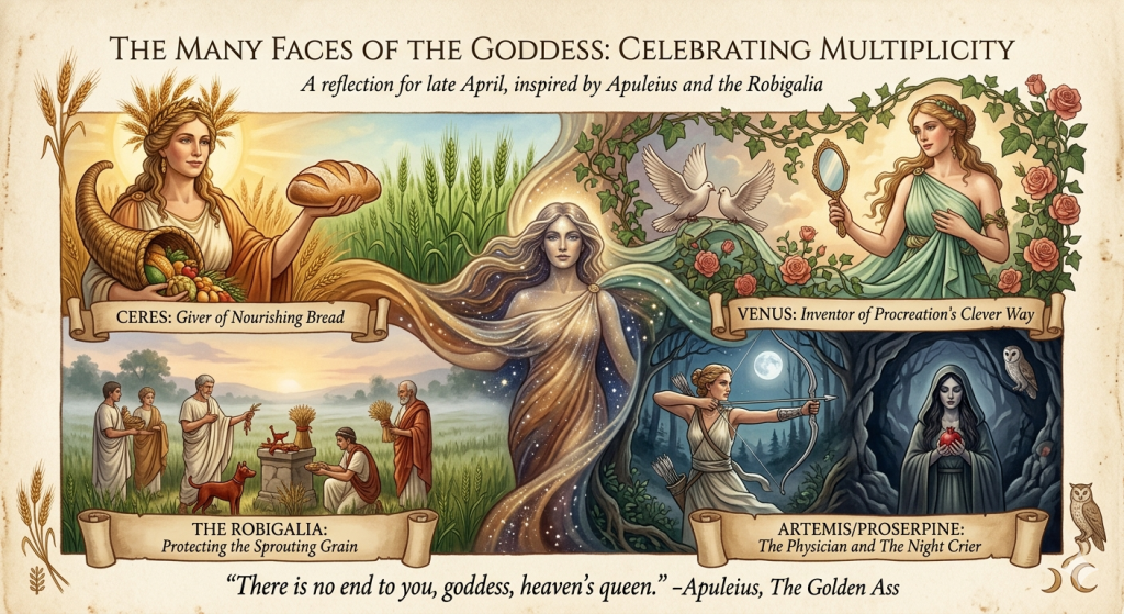 A detailed illustration depicting the "Many Faces of the Goddess." The composition features several scenes: Ceres holding bread in a field; a group of Romans performing the Robigalia ritual to protect grain; Venus holding a mirror surrounded by roses and doves; and a dual-portrait of Artemis with a bow and Proserpine holding a pomegranate in a dark, nocturnal setting. In the center, a ethereal figure flows through all the scenes.