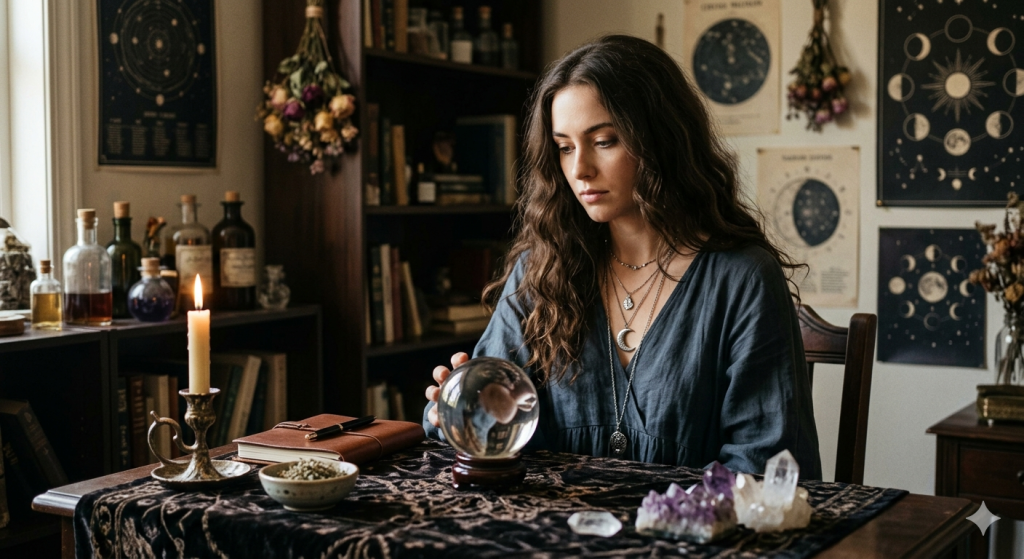 A young woman with long dark hair, wearing moon-themed necklaces, sits at a wooden table in a dimly lit, cozy room filled with books and dried herbs, focusing intently on a glowing crystal ball during a night ritual.