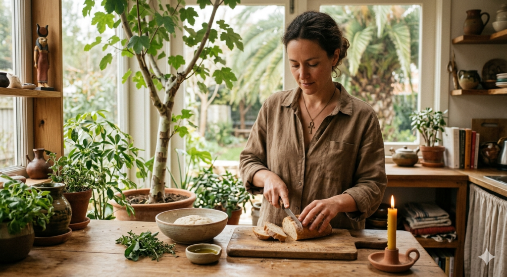A woman in a sunlit, rustic kitchen slicing fresh bread on a wooden board. A small sycamore tree in a pot and a lit candle sit on the table, with an Egyptian goddess figurine visible on a shelf in the background.