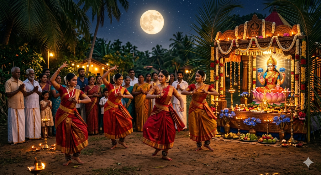 In a lush Sri Lankan village at night under a full moon, four traditional dancers in red and gold sarees perform before an ornate, illuminated shrine of Goddess Pattini, who sits upon a pink lotus holding blue lotuses. A community of villagers watches with hands pressed together in prayer.