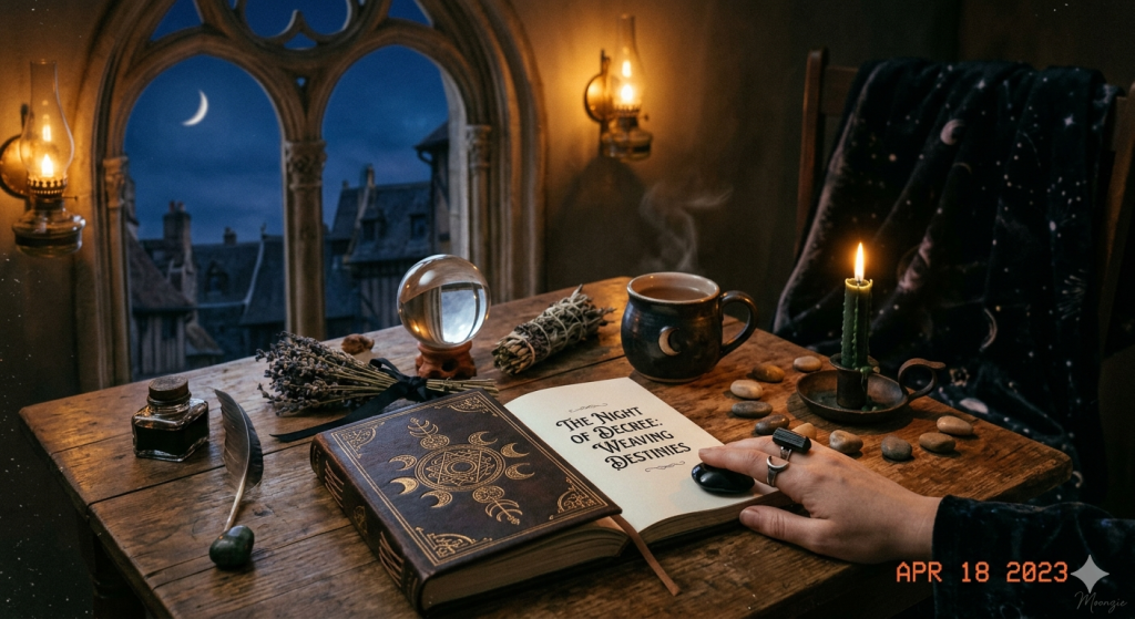 A dimly lit, atmospheric room at night featuring an open book on a wooden desk with a hand resting on it, alongside a crystal ball, a bundle of dried herbs, a steaming mug, and a lit candle, set against a window view of a crescent moon.