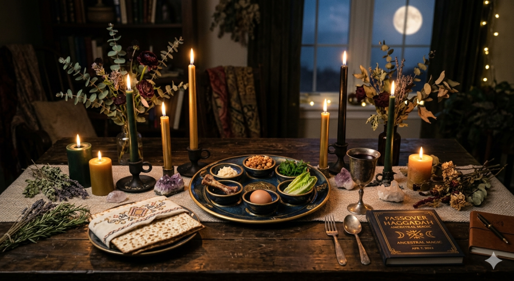 A dimly lit, moody dining table set for a witchy Seder. A blue ceramic Seder plate sits in the center surrounded by various candles, dried herbs, and crystals. A Passover Haggadah lies next to a plate of matzah, with a full moon visible through the window in the background.