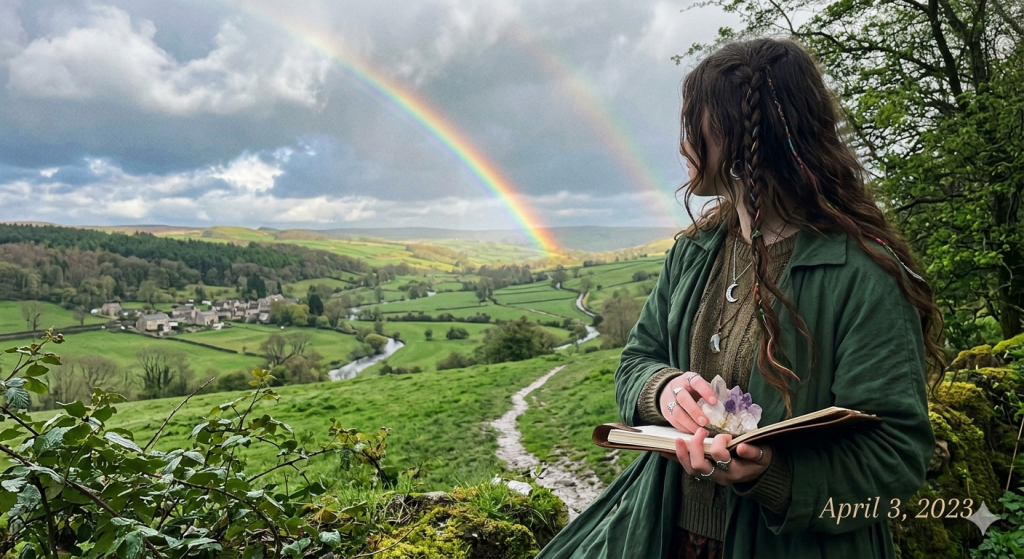 A person with long dark hair and braided accents wearing a green cloak, holding a large amethyst crystal and a leather-bound journal while looking at a double rainbow over a lush green valley.