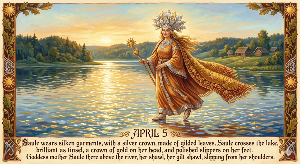 An illustrative calendar-style painting of the Lithuanian sun goddess Saule. She is a regal woman with long blonde hair, wearing a flowing golden silk gown and an ornate silver crown made of gilded leaves. She walks gracefully across the shimmering surface of a lake at sunset. A heavy, embroidered gilt shawl slips from her shoulders, and she wears polished slippers. The image is framed by a decorative wooden border with sun motifs and features the text "April 5" along with a poetic description from Lithuanian folksongs.