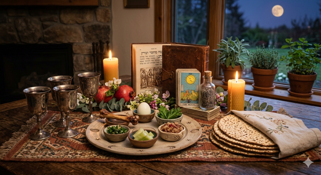 A ritualistic Seder table scene on a wooden table, featuring a Seder plate with traditional items, matzah covered with an embroidered cloth, a vintage book, tarot cards, lit beeswax candles, and potted herbs, set before a window displaying a full moon at night.
