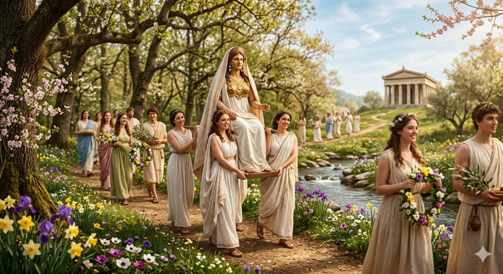 A photograph of an ancient Greek-style procession walking through a spring meadow toward a classical temple. A group of women carry a robed and armored woman on a wooden litter. Other participants follow and precede them, holding olive branches and floral wreaths. In the foreground are two monuments with text: a stone stele with Greek writing and a paper scroll with English writing that begins, "THE TONEIA CEREMONY OF RENEWAL." The path is lined with spring flowers and a small stream.
