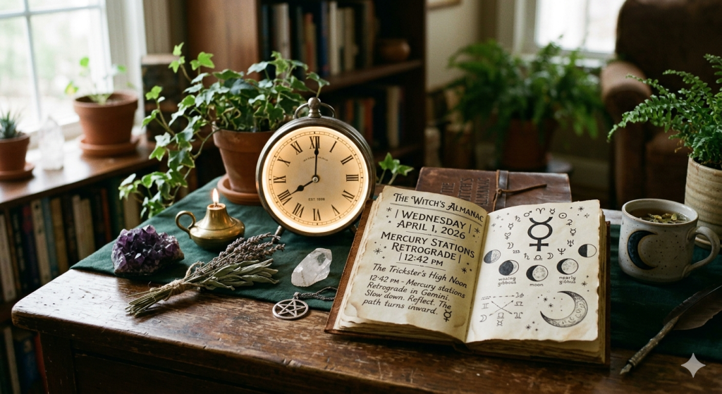 A cozy, witchy workspace featuring an open vintage almanac with astrological diagrams and text about Mercury Retrograde, an antique glowing clock, crystals, and bundles of dried herbs on a wooden table.
