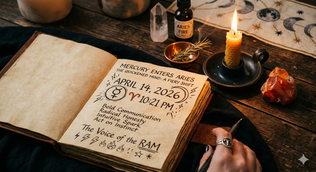 A top-down view of an open vintage grimoire on a rustic wooden table. The left page is blank, and the right page features handwritten notes about Mercury entering Aries on April 14, 2026, at 10:21 PM. Surrounding the book are a burning beeswax candle, a sprig of rosemary in a copper bowl, a clear quartz crystal, and a bottle labeled "Aries Fire."