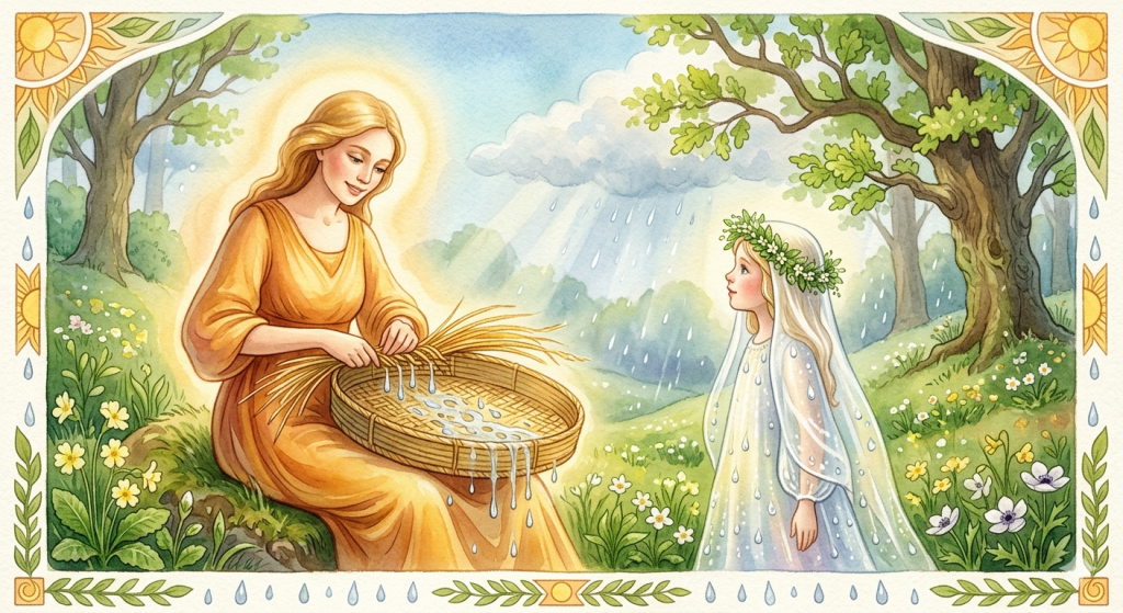 A watercolor illustration of the Lithuanian sun goddess Saule sitting in a blooming spring meadow, plaiting a straw sieve that holds shimmering rainwater. Beside her stands her young daughter, dressed in a translucent veil of dew and a wreath of green leaves.