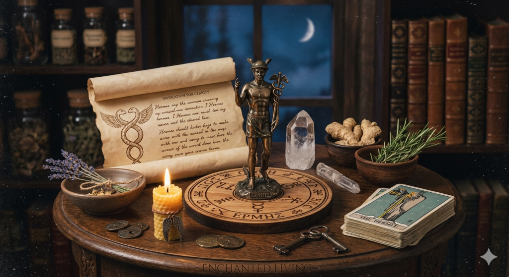 A bronze statue of Hermes standing on a wooden disc engraved with symbols, placed on a table alongside a scroll, a yellow candle, crystal, tarot cards, keys, and bowls of lavender and ginger.