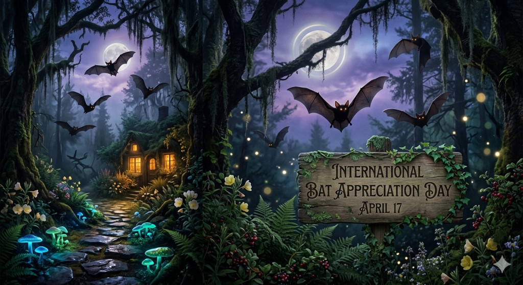 A whimsical, witchy night scene in a dark forest featuring several bats flying through a purple-tinted sky under a glowing crescent moon. A rustic wooden sign in the foreground reads "International Bat Appreciation Day April 17." In the background, a cozy stone cottage with glowing windows sits along a path lined with luminescent blue mushrooms and wildflowers.