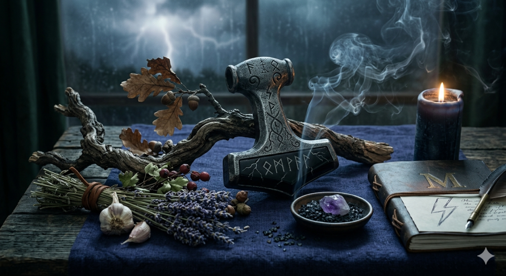 A ritual altar featuring an engraved Mjölnir (Thor’s hammer) surrounded by dried oak branches, garlic, lavender, and a smoking incense bowl, set against a dark, stormy window.