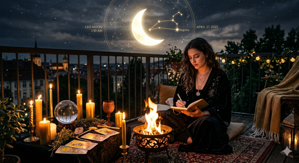 A woman practicing an evening ritual on a balcony, surrounded by lit candles, tarot cards, a crystal ball, and a small fire pit under a night sky with a prominent moon.