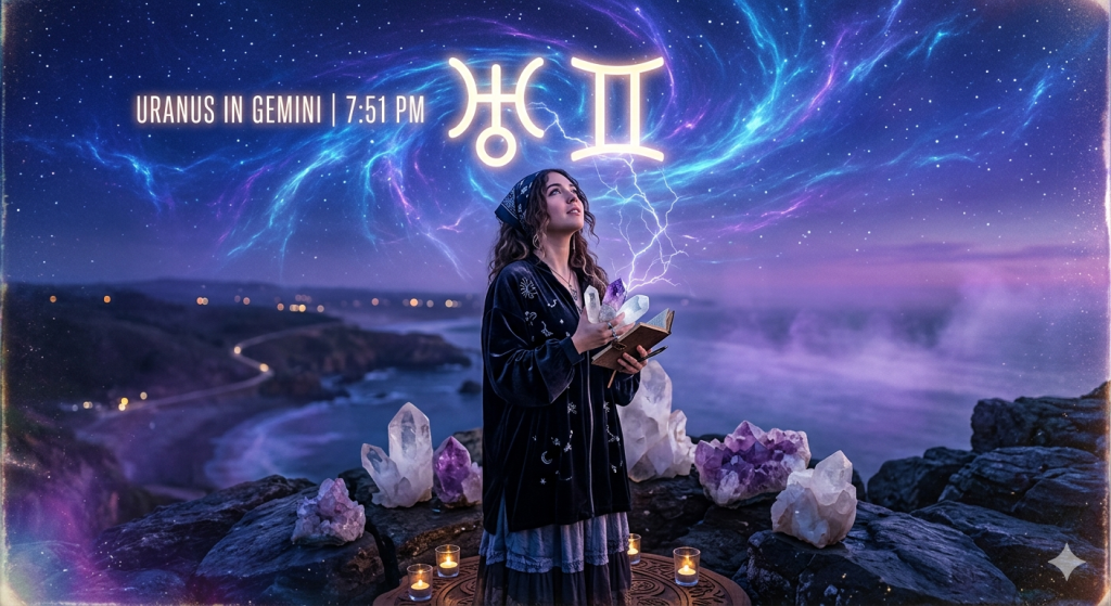 A witchy, ethereal scene depicting a woman standing on a cliffside under a swirling cosmic sky, holding a glowing book and crystals, with the symbols for Uranus and Gemini above her and the text "Uranus in Gemini | 7:51 PM."