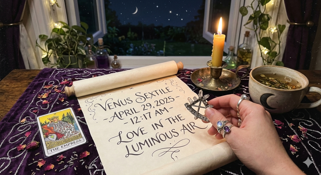 A witchy altar at midnight featuring a hand-lettered scroll reading "Venus Sextile April 29, 2025," an Empress tarot card, a glowing candle, and a cup of herbal tea by an open window overlooking a starry sky.