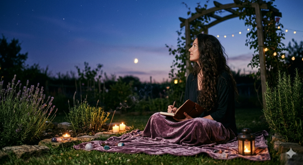 A woman sitting in a moonlit garden on a velvet cloth at night, writing in a journal surrounded by crystals, candles, and herbal plants like lavender and rosemary, looking up at the night sky.