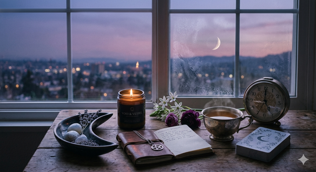 A witchy morning altar on a wooden windowsill overlooking a city at dawn. It features a crescent moon dish with crystals, a leather journal with a pentacle necklace, a lit candle, a steaming cup of tea, and a vintage clock set to 5:52.