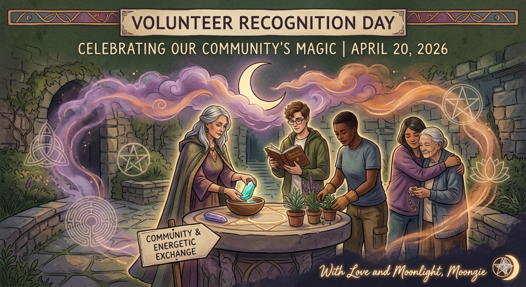 A whimsical, illustrated scene set in an ancient stone courtyard under a crescent moon, featuring a diverse group of people engaged in acts of service, including gardening, studying a book of wisdom, and supporting an elder, surrounded by ethereal energy swirls, crystals, and mystical symbols.