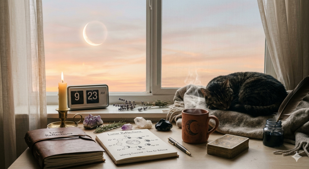 A cozy, witchy desk scene by a window in the morning light, featuring a sleeping cat, a steaming mug, crystals, tarot cards, and a notebook open to a lunar cycle chart with a waning crescent moon visible in the sky outside.