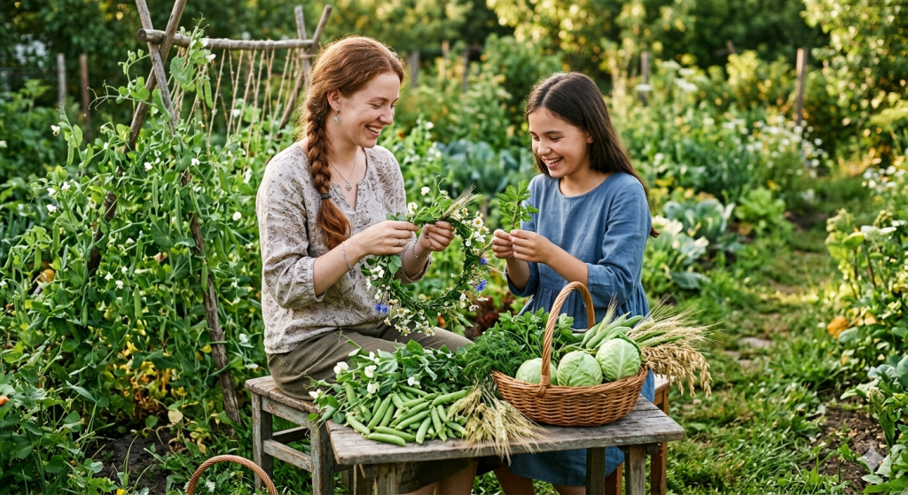 Two sisters laughing and weaving flower and herb garlands while sitting in a lush, sunny garden filled with pea vines, cabbage, and baskets of fresh, harvested produce.