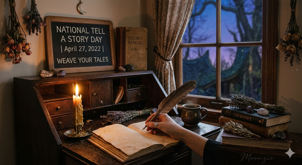 A dimly lit, cozy workspace with a wooden desk, a burning candle, and a person writing in a journal with a quill pen. A chalkboard sign on the desk reads, "NATIONAL TELL A STORY DAY | April 27, 2022 | WEAVE YOUR TALES."