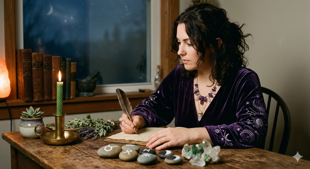 A woman in a purple velvet robe sitting at a wooden desk at night, writing with a quill. On the desk are crystals, scattered stones with symbols, a green candle, and dried herbs, with a window view of a crescent moon in the background.