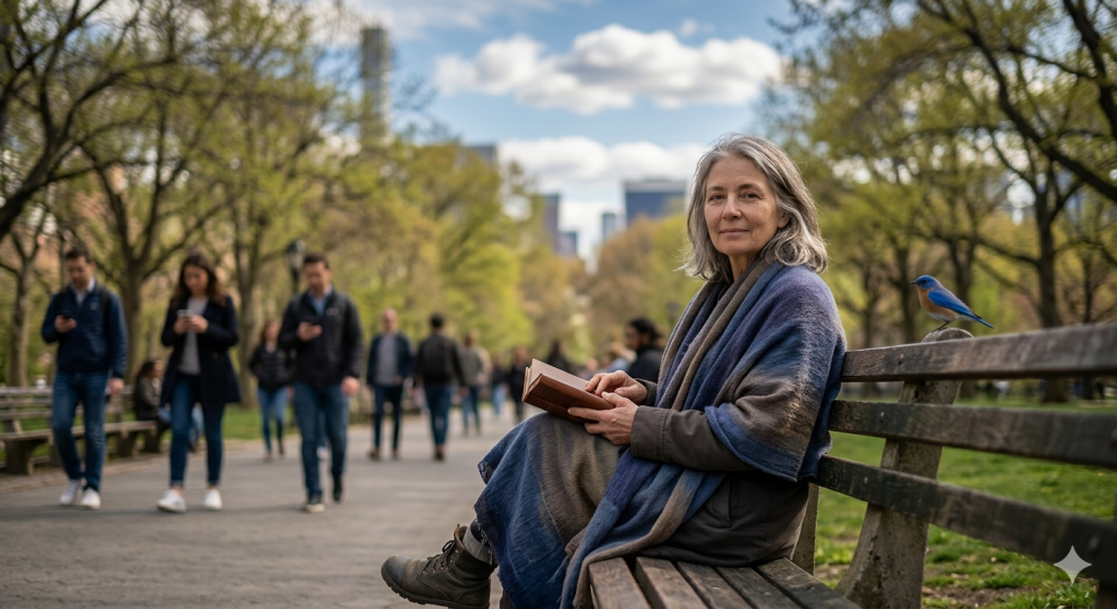 A woman with gentle features and gray hair sits on a wooden park bench, holding an open book, while a small bluebird perches on the bench next to her. In the blurred background, people walk along a park path, capturing the concept of Wisdom appearing in everyday life.