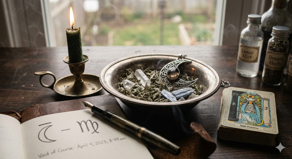 A dark wooden desk featuring a green candle, a bowl of herbs and crystals, a fountain pen, and an open journal with astrological symbols for the Moon and Virgo.