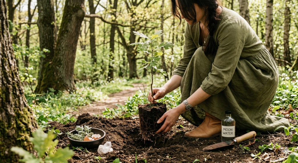 A woman in a green linen dress planting a small tree sapling in a forest, with a bowl of herbs, eggshells, a quartz crystal, and a bottle of moon water nearby, representing a witchy Arbor Day ritual.