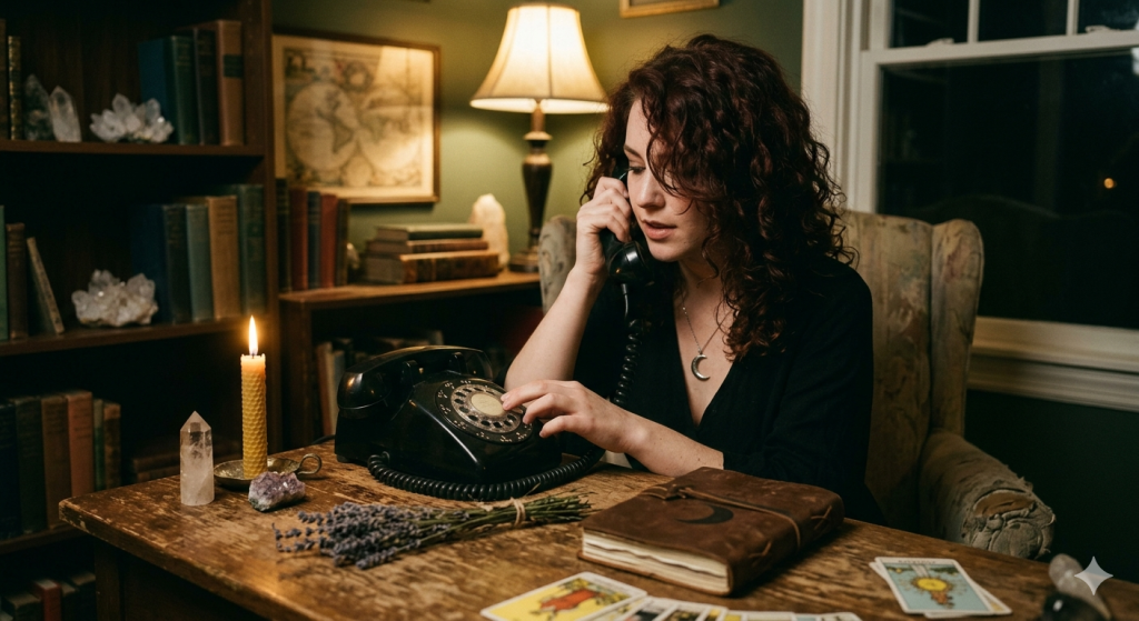 A woman with curly hair sitting at a rustic wooden desk at night, talking on a vintage black rotary telephone, surrounded by crystals, a lit candle, lavender, and tarot cards.