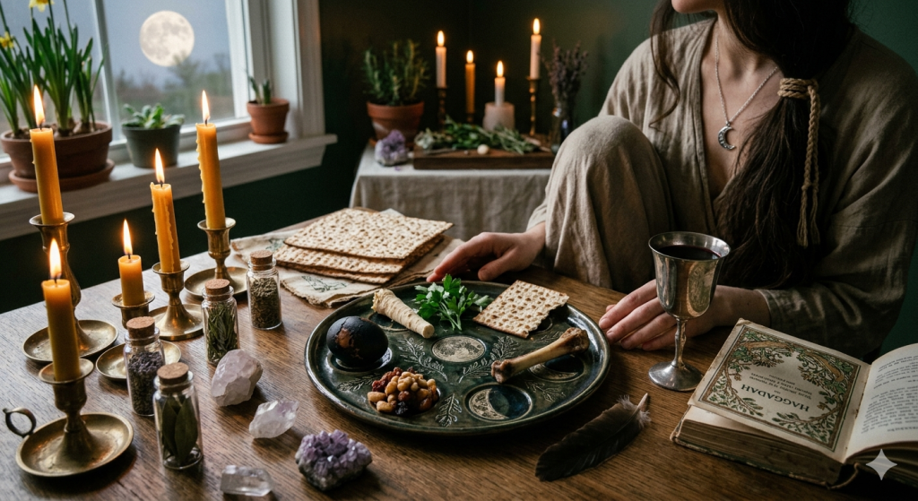 A witchy, intimate Passover Seder table setting featuring matzah, a traditional Seder plate with ceremonial foods, a silver goblet, and candles glowing in a dimly lit room, with a full moon visible through the window.