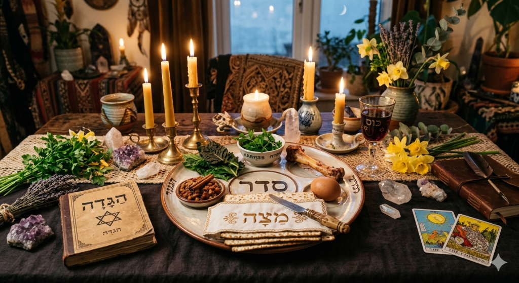 A witchy Passover Seder table setting featuring a traditional Seder plate with matzah, maror, and charoset, surrounded by candles, amethyst crystals, tarot cards, and spring flowers in a dimly lit, mystical room.